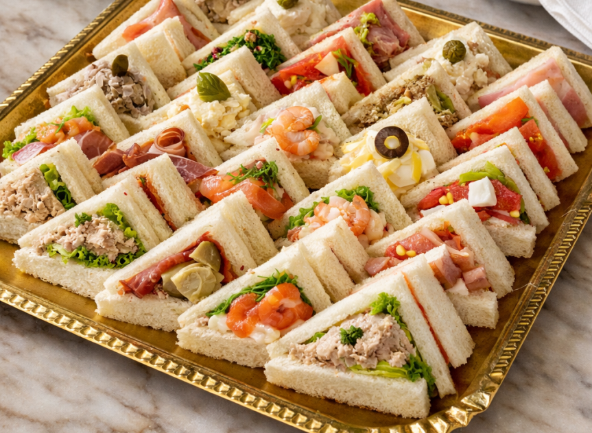 Tray of assorted finger sandwiches with various fillings including shrimp, ham, lettuce, and olives